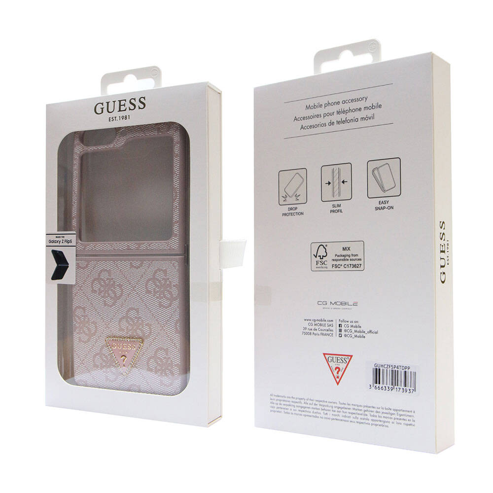 Galaxy Z Flip 5 Kılıf Guess Orijinal Lisanslı PU Deri Taşlı Üçgen Logo 4G Desenli Strass Kılıf