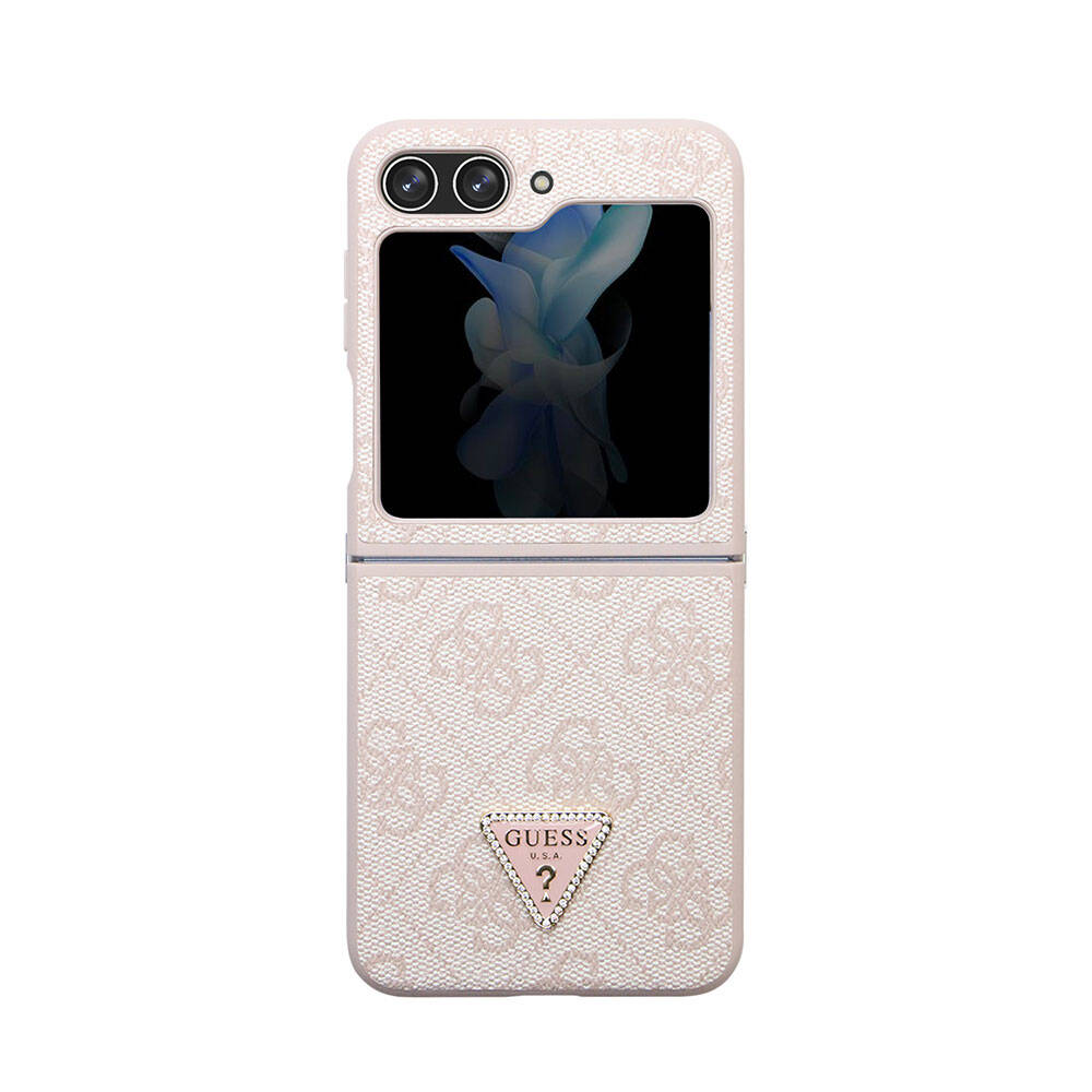 Galaxy Z Flip 5 Kılıf Guess Orijinal Lisanslı PU Deri Taşlı Üçgen Logo 4G Desenli Strass Kılıf