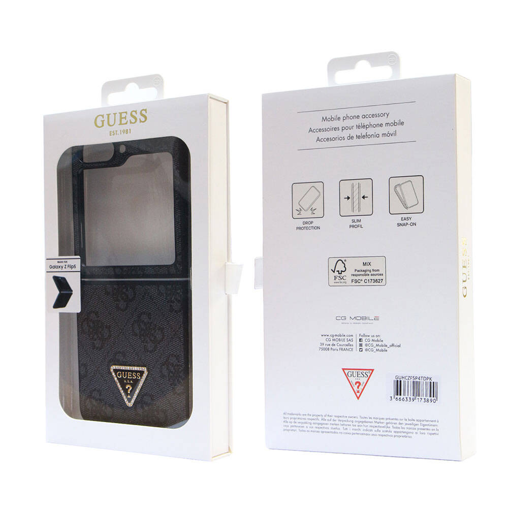Galaxy Z Flip 5 Kılıf Guess Orijinal Lisanslı PU Deri Taşlı Üçgen Logo 4G Desenli Strass Kılıf