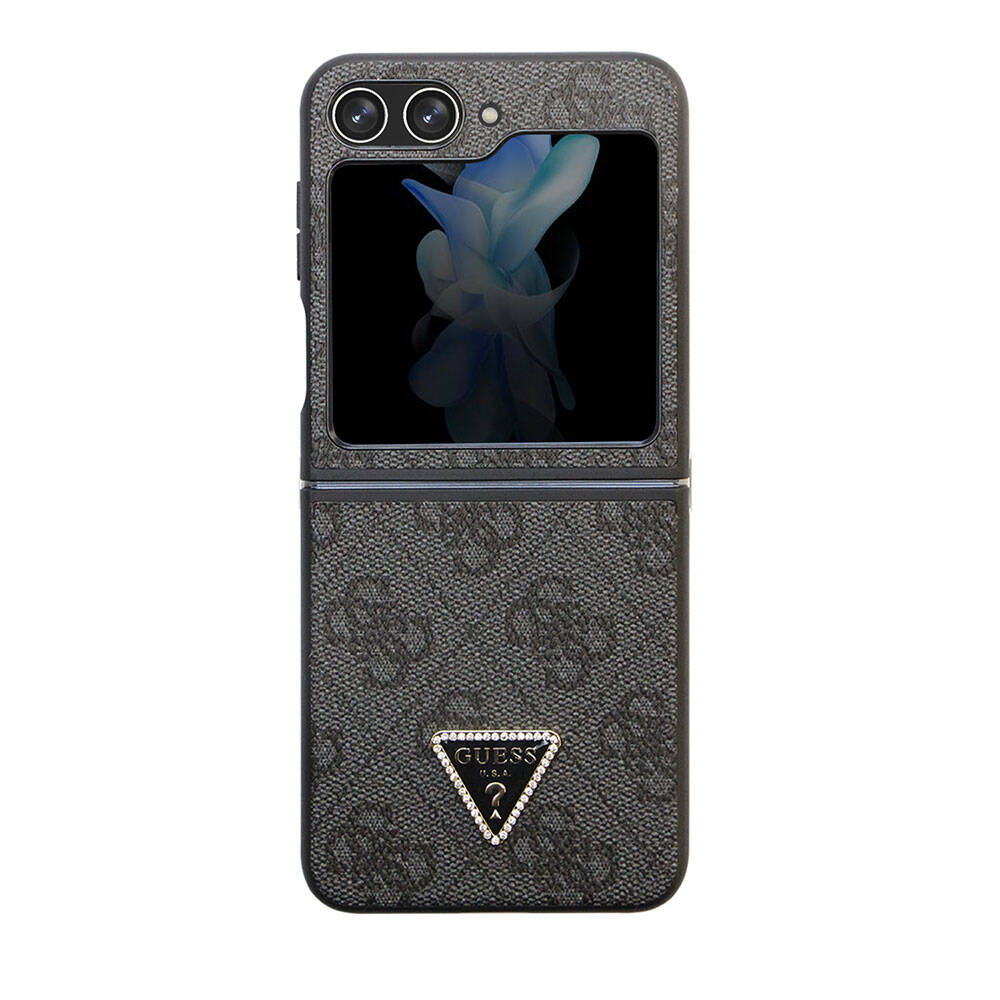 Galaxy Z Flip 5 Kılıf Guess Orijinal Lisanslı PU Deri Taşlı Üçgen Logo 4G Desenli Strass Kılıf
