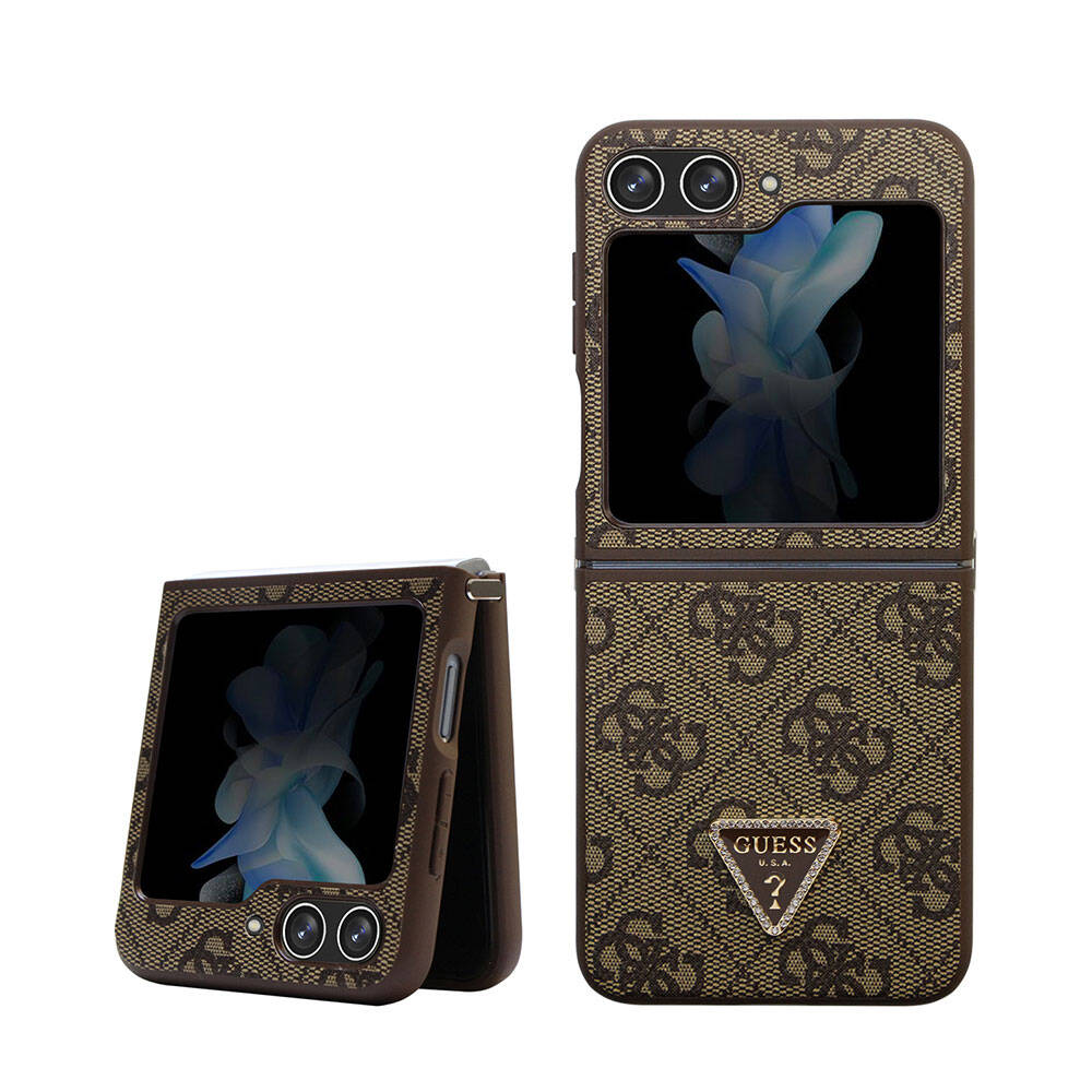 Galaxy Z Flip 5 Kılıf Guess Orijinal Lisanslı PU Deri Taşlı Üçgen Logo 4G Desenli Strass Kılıf