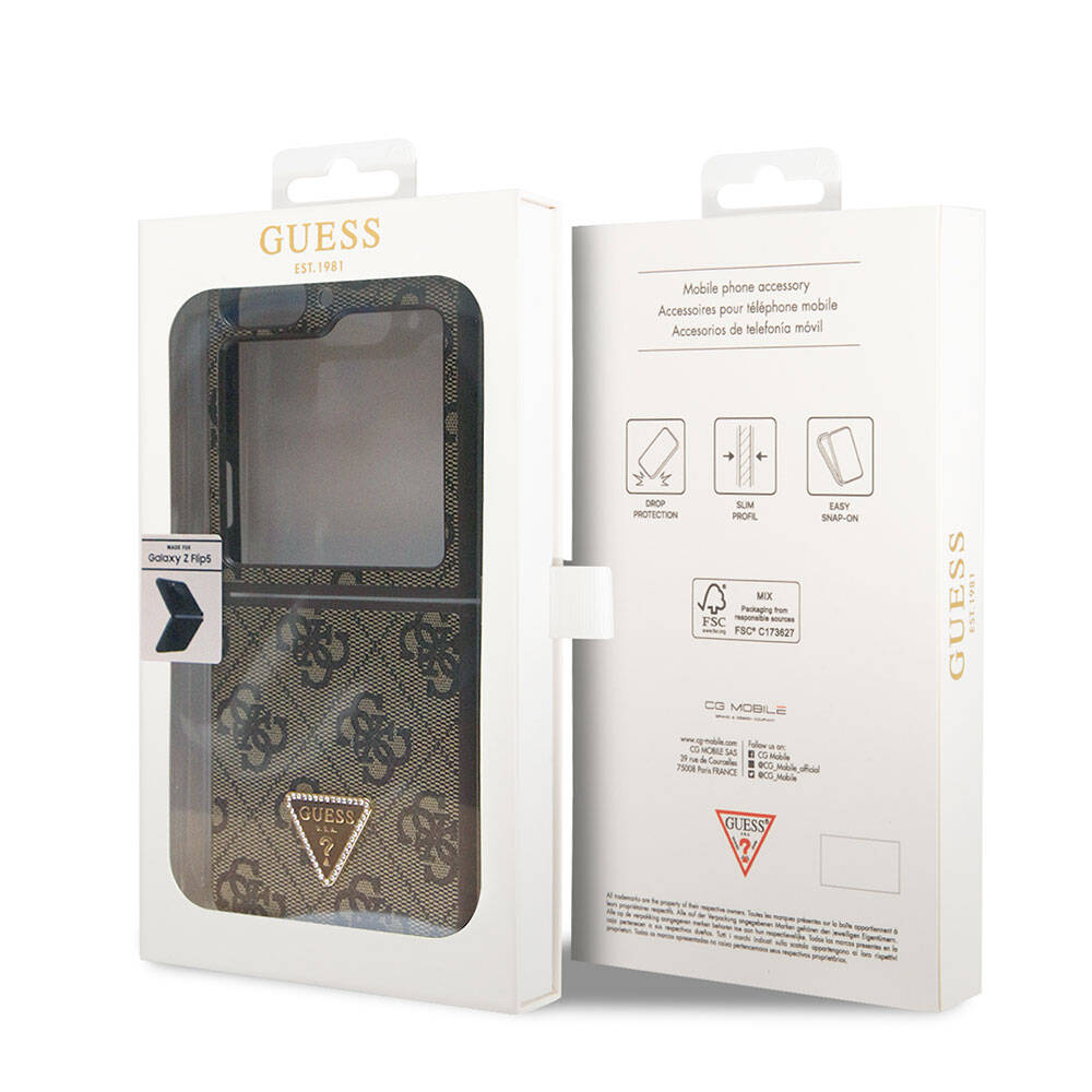 Galaxy Z Flip 5 Kılıf Guess Orijinal Lisanslı PU Deri Taşlı Üçgen Logo 4G Desenli Strass Kılıf