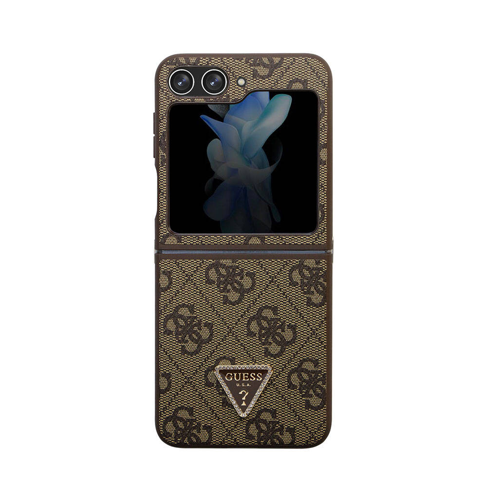 Galaxy Z Flip 5 Kılıf Guess Orijinal Lisanslı PU Deri Taşlı Üçgen Logo 4G Desenli Strass Kılıf
