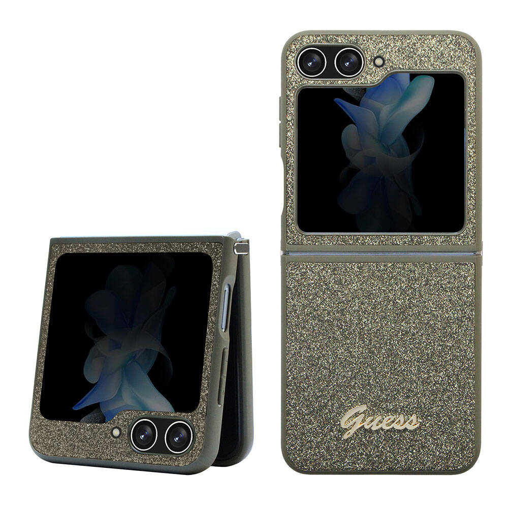 Galaxy Z Flip 5 Kılıf Guess Orijinal Lisanslı Yazı Logolu Glitter Flakes Kılıf