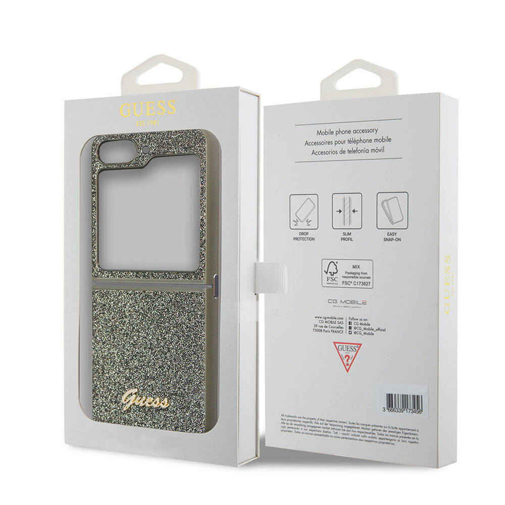 Galaxy Z Flip 5 Kılıf Guess Orijinal Lisanslı Yazı Logolu Glitter Flakes Kılıf
