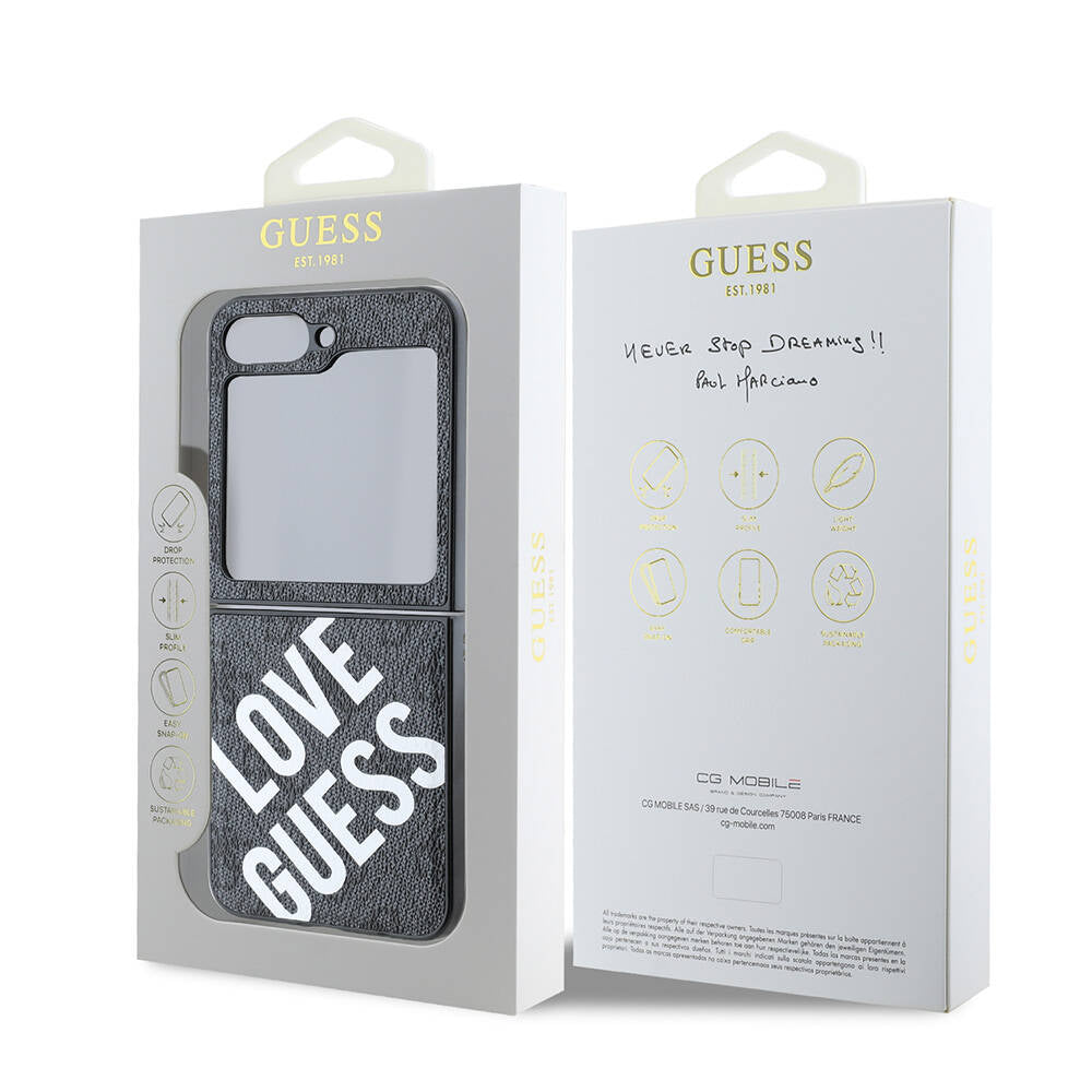 Galaxy Z Flip 6 Kılıf Guess Orijinal Lisanslı M-safe Şarj Özellikli Love Guess Printing Kılıf