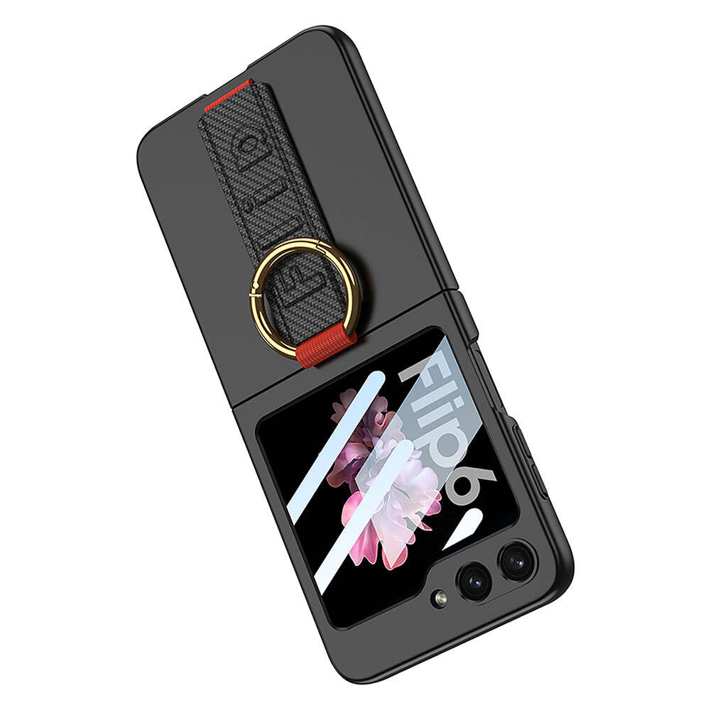 Galaxy Z Flip 6 Kılıf Kamera Korumalı Yüzüklü Karbon Tasarımlı Zore Flip Ring Kıpta Kılıf