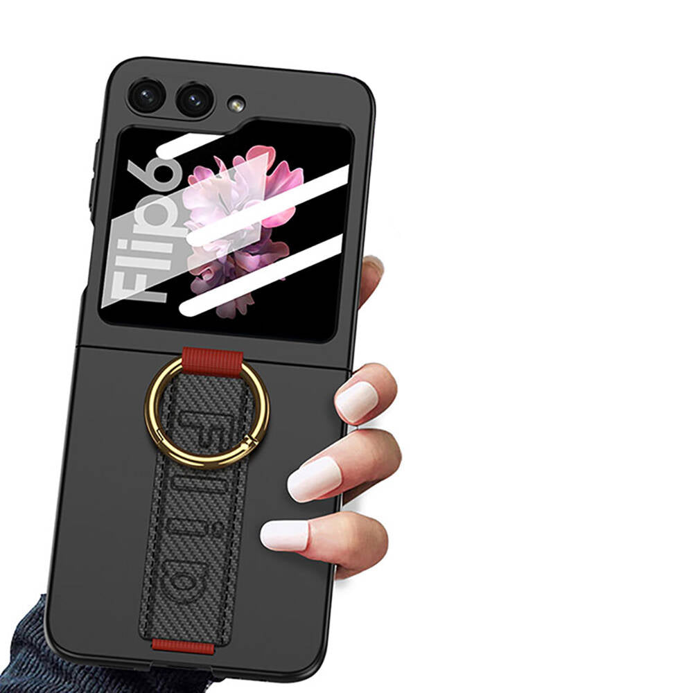 Galaxy Z Flip 6 Kılıf Kamera Korumalı Yüzüklü Karbon Tasarımlı Zore Flip Ring Kıpta Kılıf