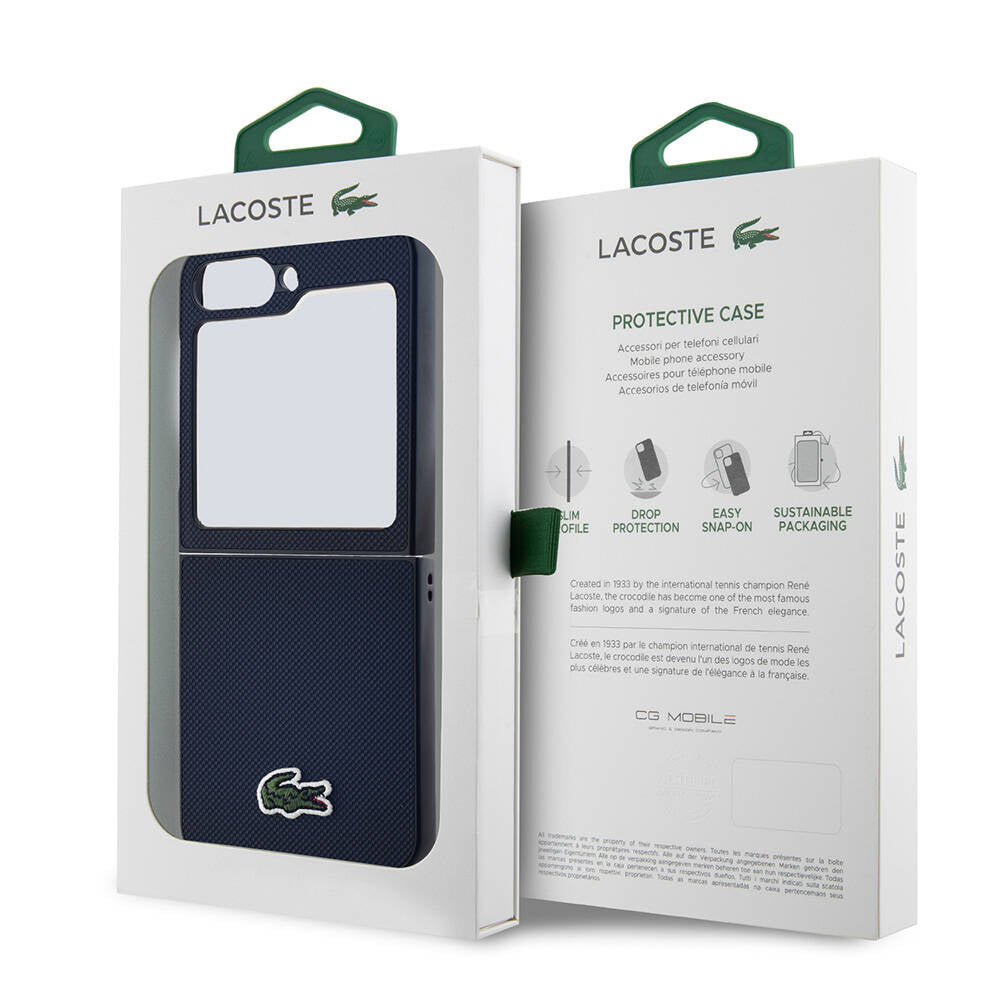 Galaxy Z Flip 6 Kılıf Lacoste orijinal Lisanslı M-safe Şarj Özellikli Pike Desenli Arka Yüzey İkonik Timsah Dokuma Logolu Kılıf