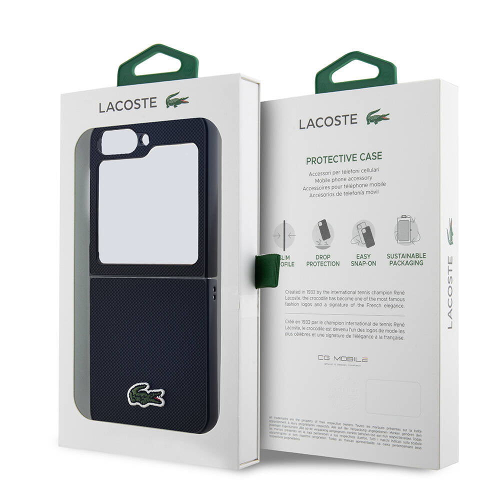 Galaxy Z Flip 6 Kılıf Lacoste orijinal Lisanslı M-safe Şarj Özellikli Pike Desenli Arka Yüzey İkonik Timsah Dokuma Logolu Kılıf