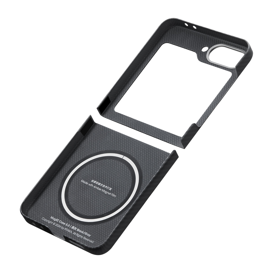 Galaxy Z Flip 6 Kılıf M-safe Şarj Özellikli 600D Aramid Karbon Fiber Pitaka Ultra-Slim Classic Serisi Black-Grey Twill Kılıf