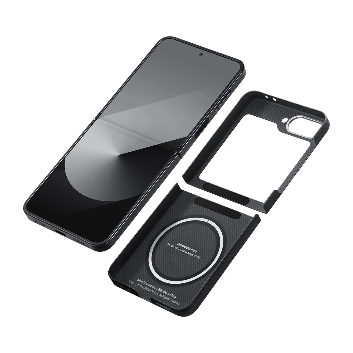 Galaxy Z Flip 6 Kılıf M-safe Şarj Özellikli 600D Aramid Karbon Fiber Pitaka Ultra-Slim Classic Serisi Black-Grey Twill Kılıf
