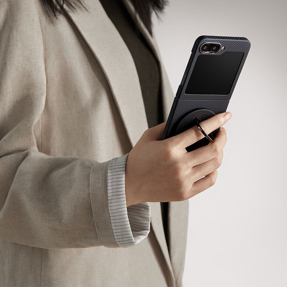 Galaxy Z Flip 6 Kılıf M-safe Şarj Özellikli 600D Aramid Karbon Fiber Pitaka Ultra-Slim Classic Serisi Black-Grey Twill Kılıf