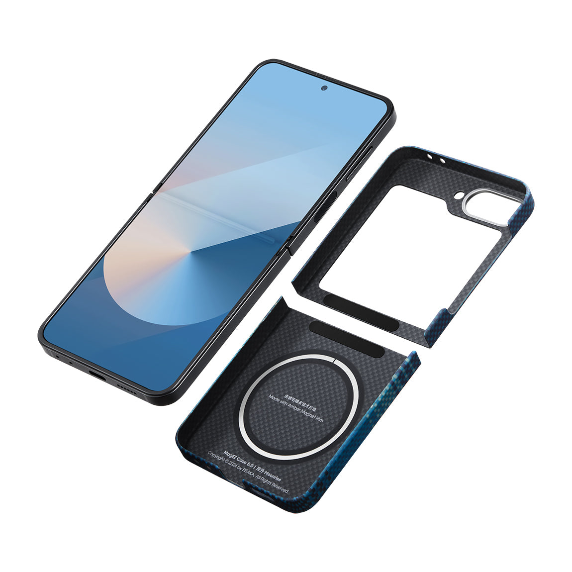 Galaxy Z Flip 6 Kılıf M-safe Şarj Özellikli Aramid Karbon Fiber Pitaka Tactile Woven Sunset-Moonrise Serisi Moonrise Kılıf