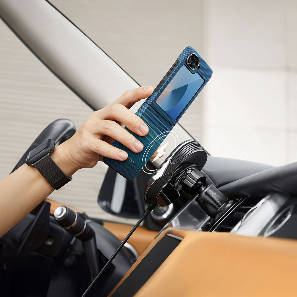 Galaxy Z Flip 6 Kılıf M-safe Şarj Özellikli Aramid Fiber Pitaka Tactile Woven Sunset-Moonrise Serisi Moonrise Kılıf