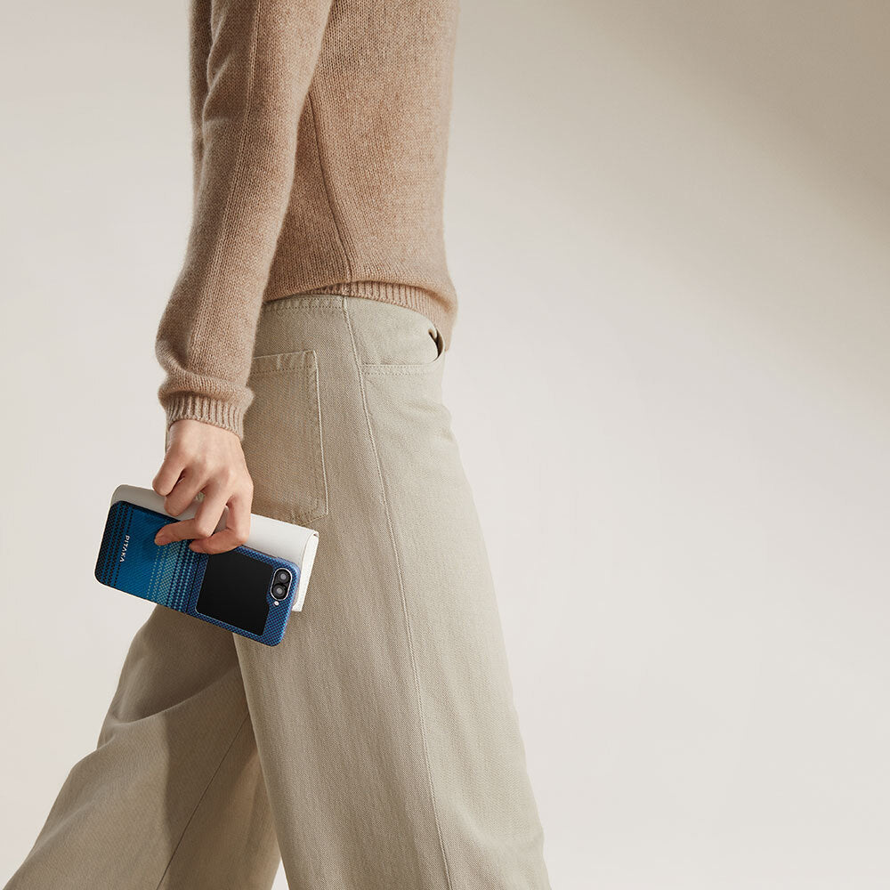 Galaxy Z Flip 6 Kılıf M-safe Şarj Özellikli Aramid Fiber Pitaka Tactile Woven Sunset-Moonrise Serisi Moonrise Kılıf