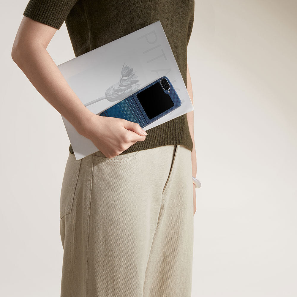 Galaxy Z Flip 6 Kılıf M-safe Şarj Özellikli Aramid Fiber Pitaka Tactile Woven Sunset-Moonrise Serisi Moonrise Kılıf