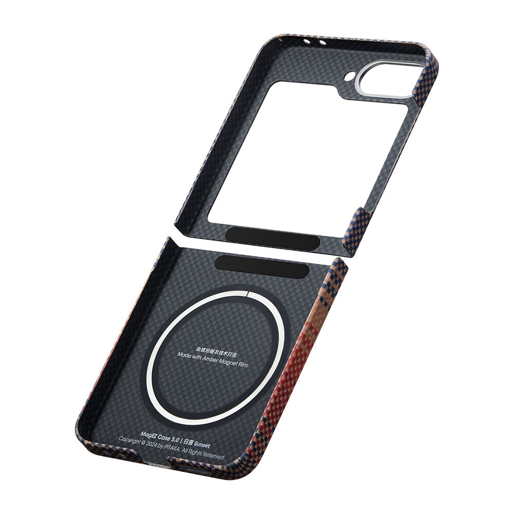 Galaxy Z Flip 6 Kılıf M-safe Şarj Özellikli Aramid Karbon Fiber Pitaka Tactile Woven Sunset-Moonrise Serisi Sunset Kılıf