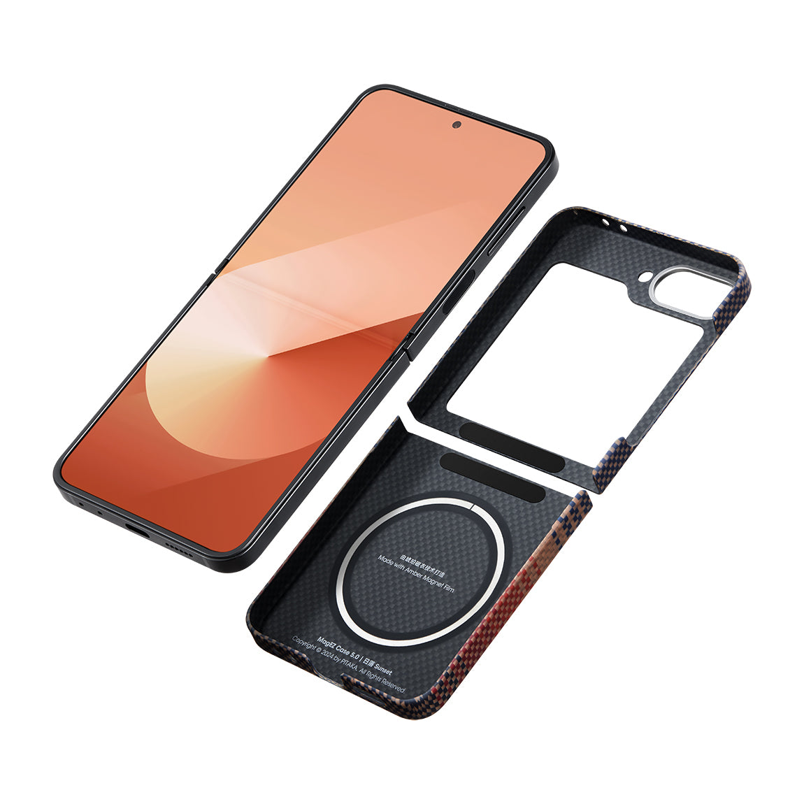 Galaxy Z Flip 6 Kılıf M-safe Şarj Özellikli Aramid Karbon Fiber Pitaka Tactile Woven Sunset-Moonrise Serisi Sunset Kılıf