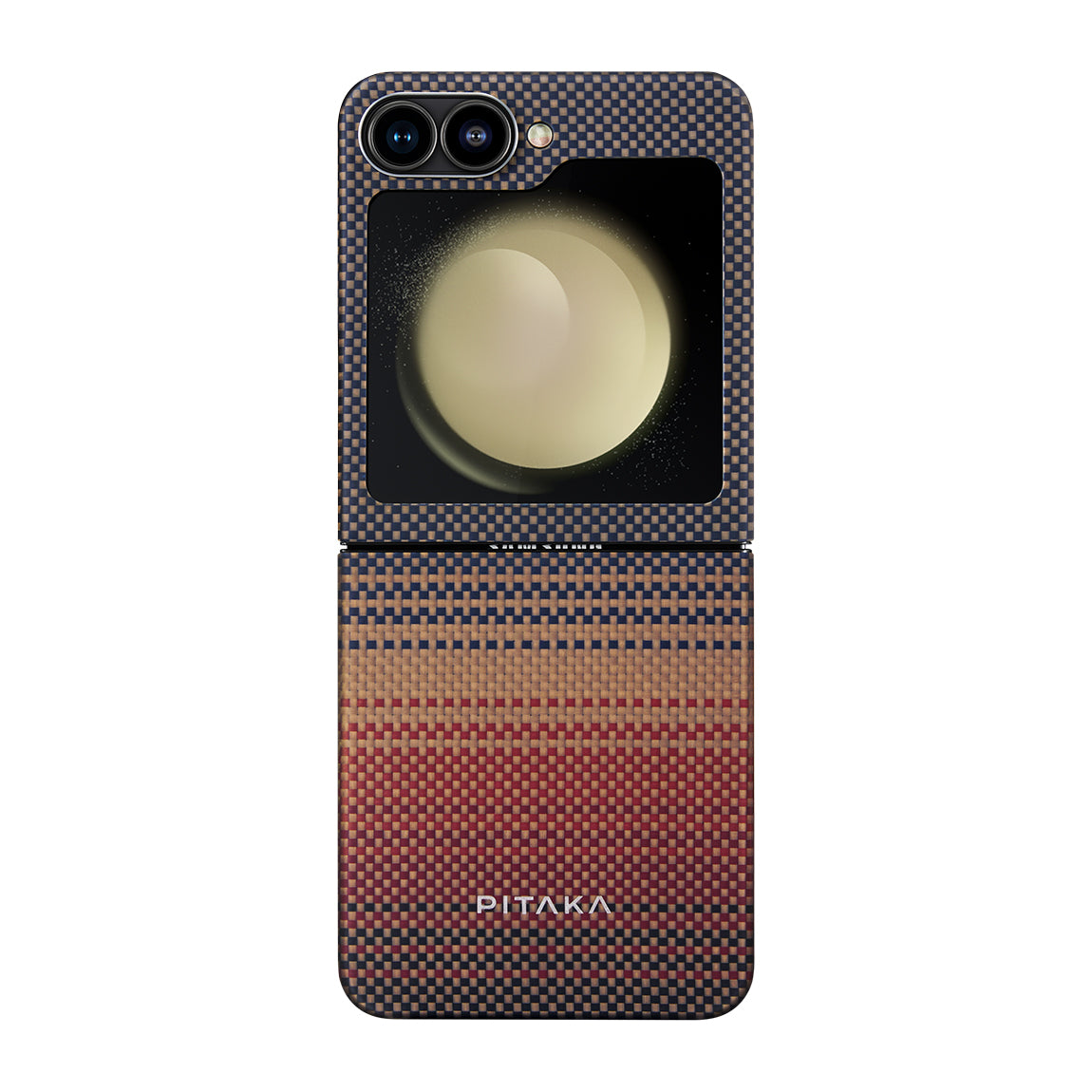 Galaxy Z Flip 6 Kılıf M-safe Şarj Özellikli Aramid Karbon Fiber Pitaka Tactile Woven Sunset-Moonrise Serisi Sunset Kılıf