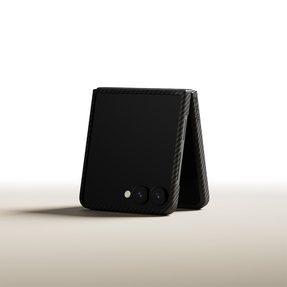 Galaxy Z Flip 7 Kılıf M-safe Şarj Özellikli 600D Aramid Fiber Pitaka Ultra-Slim Classic Serisi Black-Grey Twill Kılıf