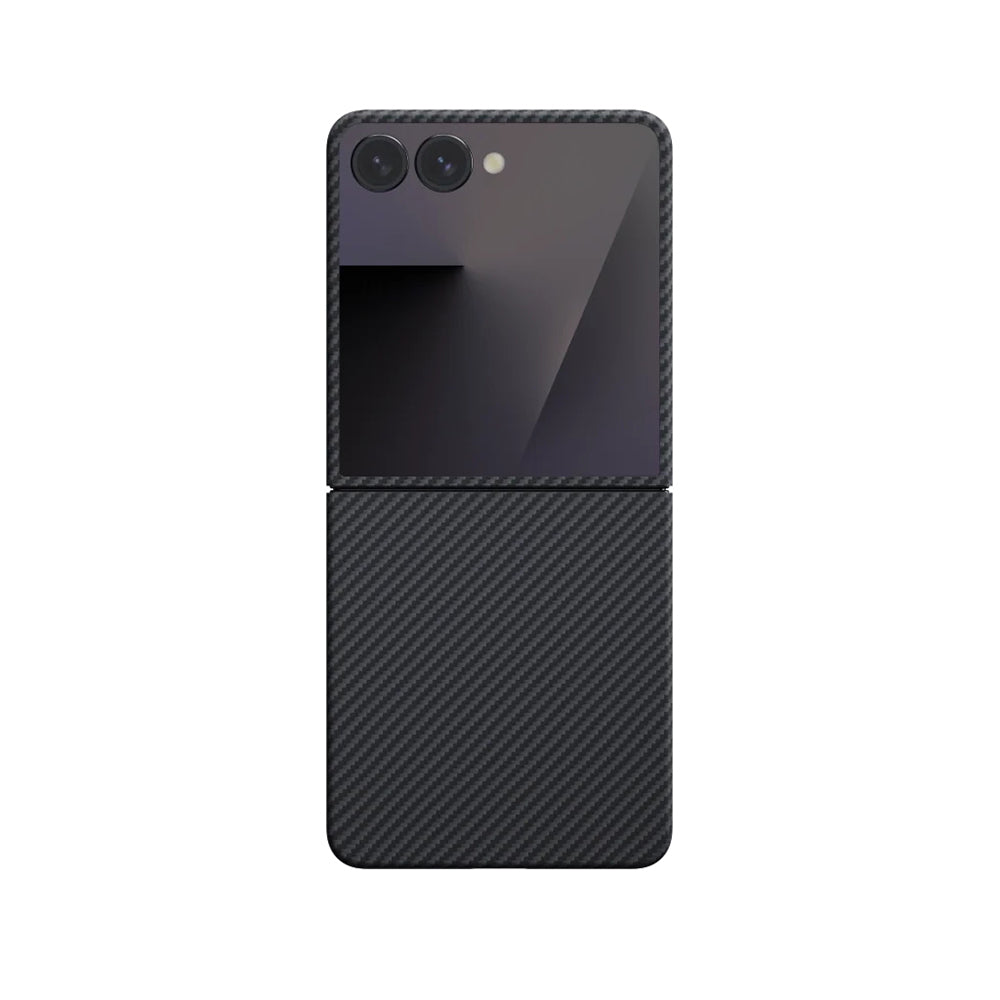 Galaxy Z Flip 7 Kılıf M-safe Şarj Özellikli 600D Aramid Karbon Fiber Pitaka Ultra-Slim Classic Serisi Black-Grey Twill Kılıf