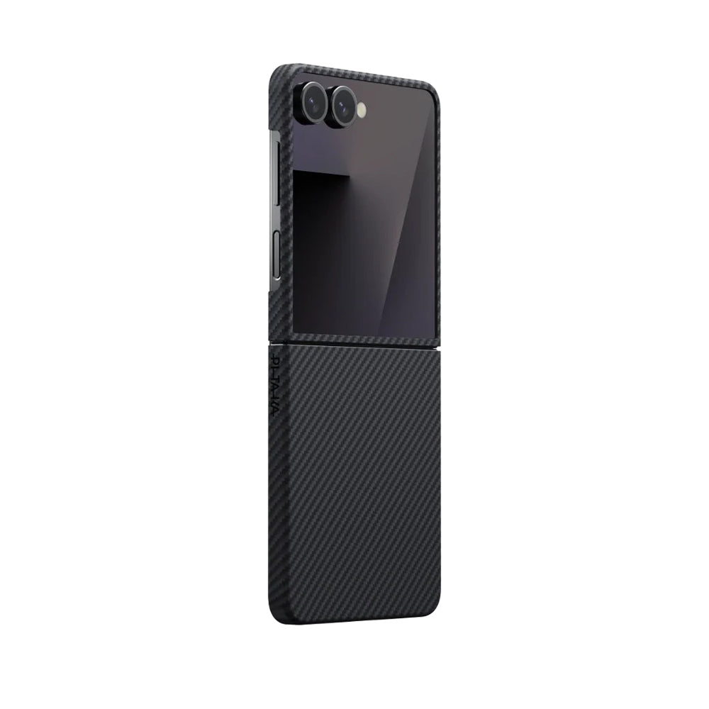 Galaxy Z Flip 7 Kılıf M-safe Şarj Özellikli 600D Aramid Karbon Fiber Pitaka Ultra-Slim Classic Serisi Black-Grey Twill Kılıf