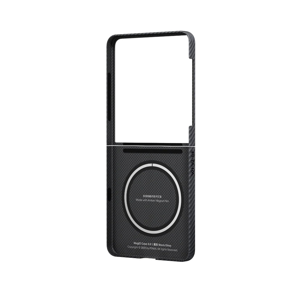 Galaxy Z Flip 7 Kılıf M-safe Şarj Özellikli 600D Aramid Karbon Fiber Pitaka Ultra-Slim Classic Serisi Black-Grey Twill Kılıf