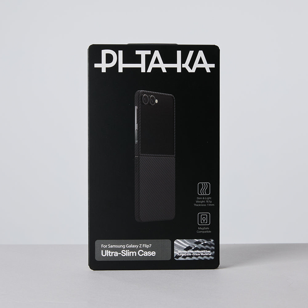 Galaxy Z Flip 7 Kılıf M-safe Şarj Özellikli 600D Aramid Karbon Fiber Pitaka Ultra-Slim Classic Serisi Black-Grey Twill Kılıf