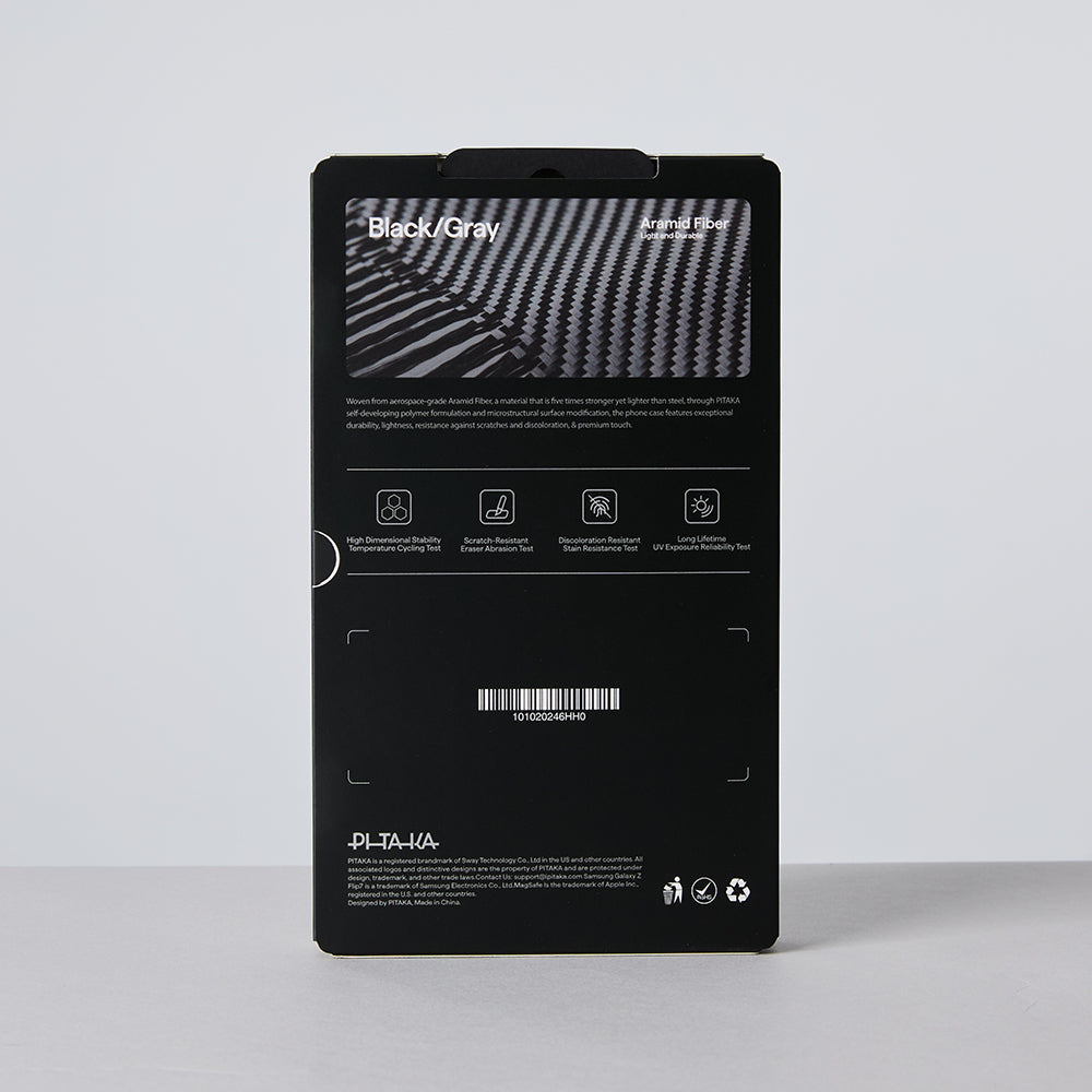 Galaxy Z Flip 7 Kılıf M-safe Şarj Özellikli 600D Aramid Fiber Pitaka Ultra-Slim Classic Serisi Black-Grey Twill Kılıf