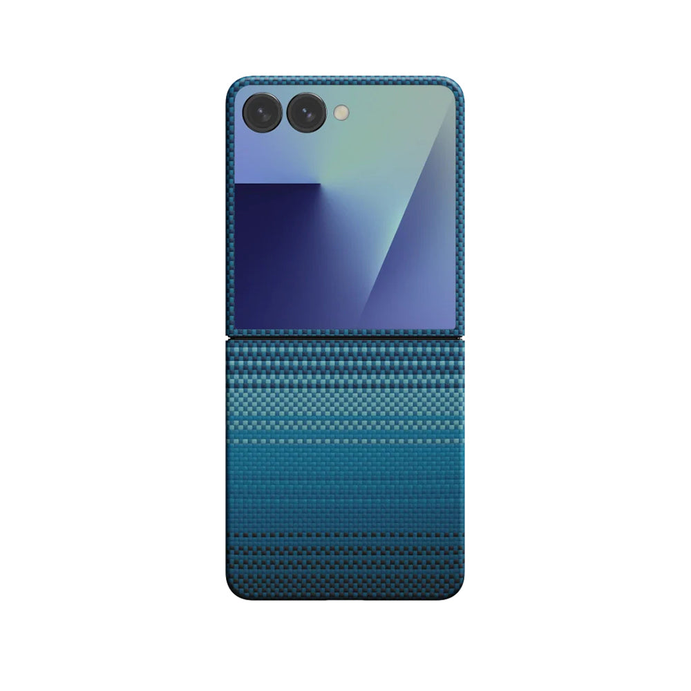 Galaxy Z Flip 7 Kılıf M-safe Şarj Özellikli Aramid Karbon Fiber Pitaka Tactile Woven Sunset-Moonrise Serisi Kılıf