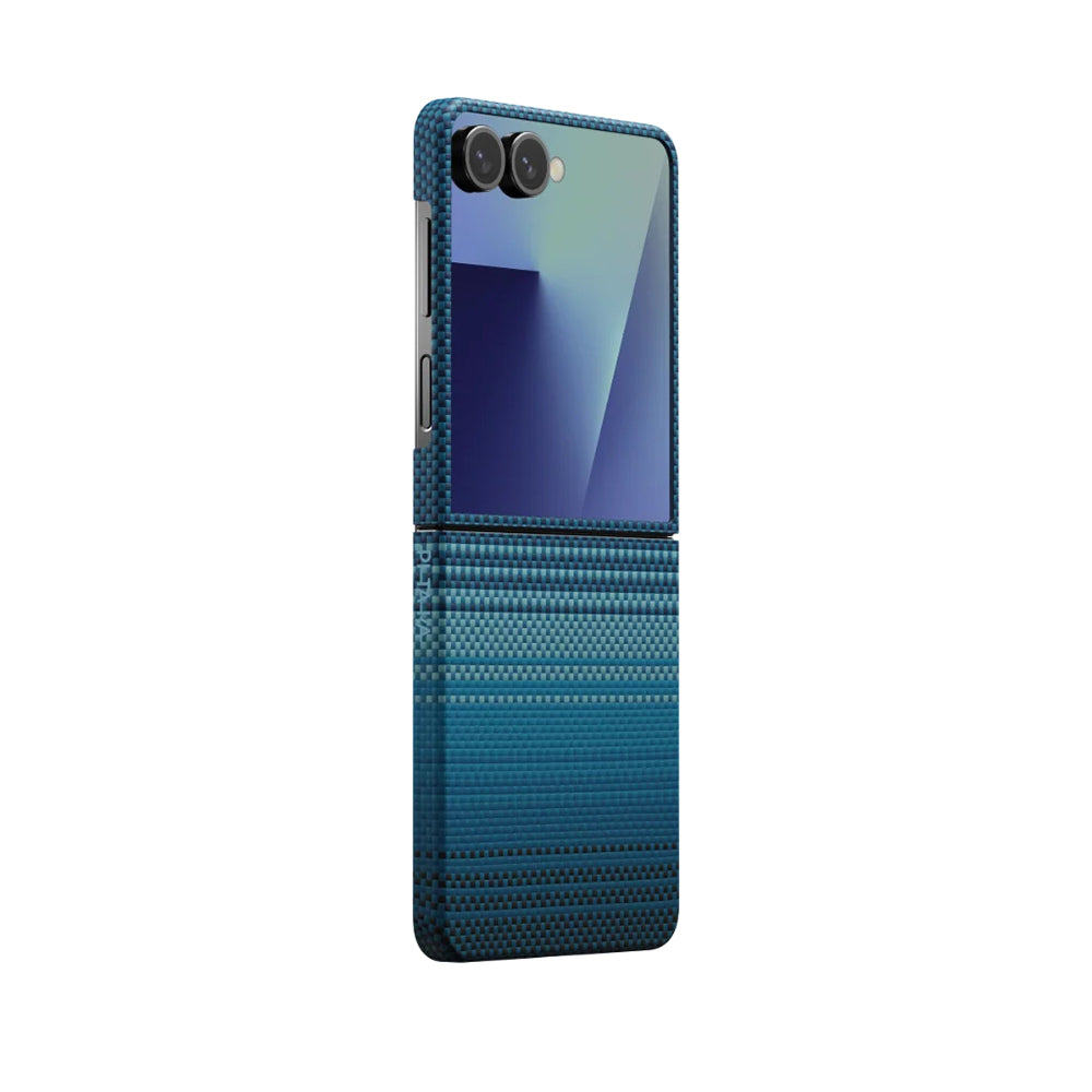 Galaxy Z Flip 7 Kılıf M-safe Şarj Özellikli Aramid Karbon Fiber Pitaka Tactile Woven Sunset-Moonrise Serisi Kılıf