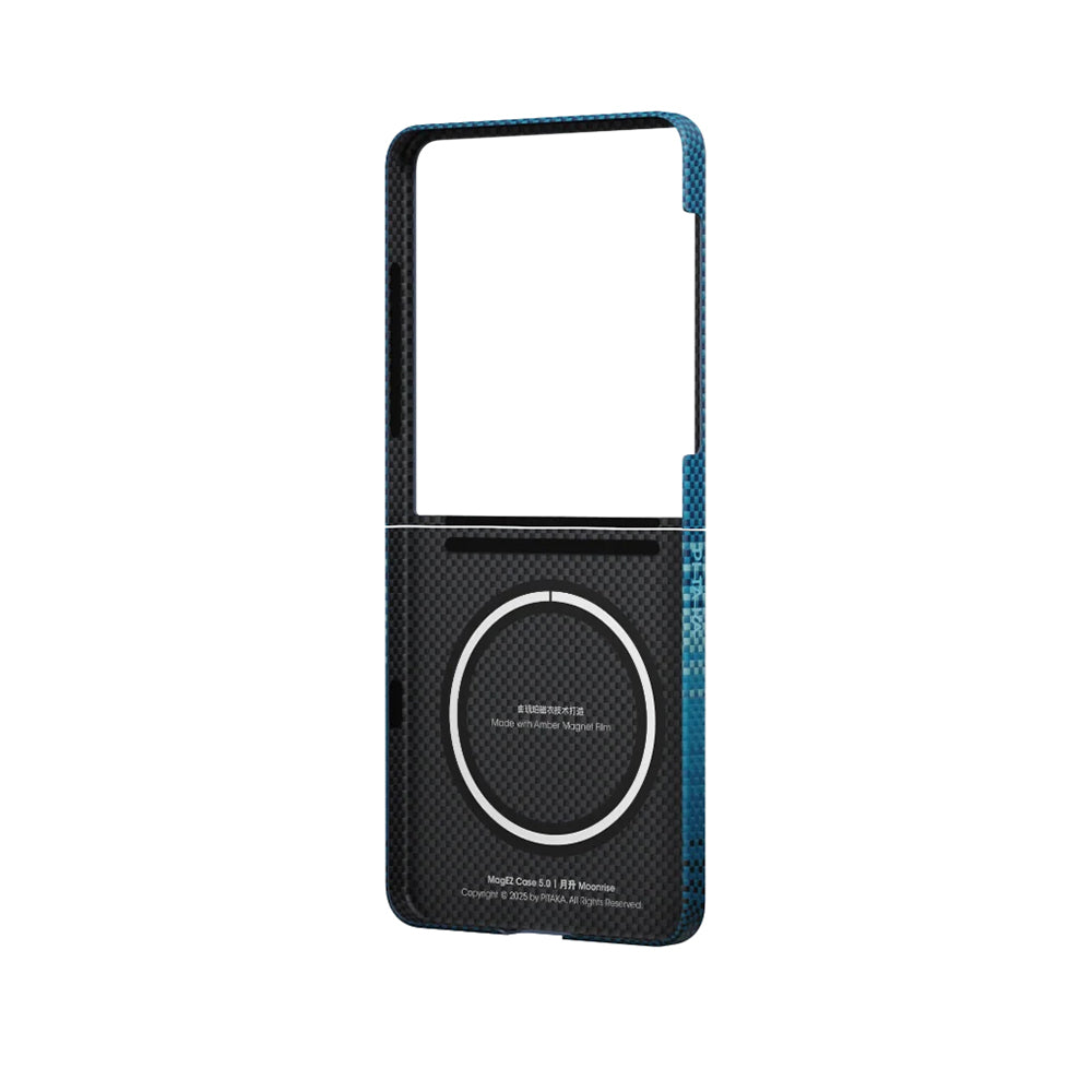 Galaxy Z Flip 7 Kılıf M-safe Şarj Özellikli Aramid Karbon Fiber Pitaka Tactile Woven Sunset-Moonrise Serisi Kılıf