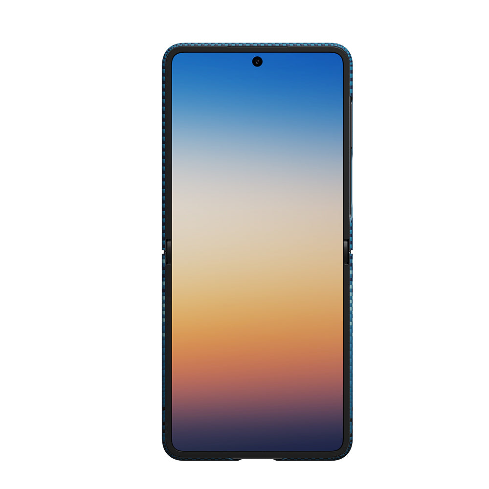 Galaxy Z Flip 8 Kılıf M-safe Şarj Özellikli Aramid Karbon Fiber Pitaka Tactile Woven Sunset-Moonrise Serisi Kılıf