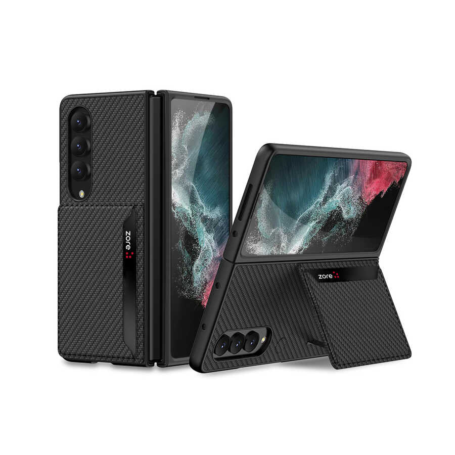 Galaxy Z Fold 4 Kılıf Karbonfiber Arka Yüzey Zore Kartlıklı Kıpta Silikon Kılıf