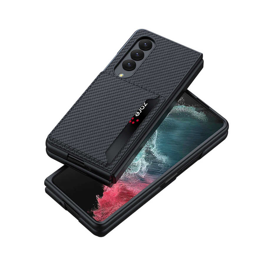 Galaxy Z Fold 4 Kılıf Karbonfiber Arka Yüzey Zore Kartlıklı Kıpta Silikon Kılıf
