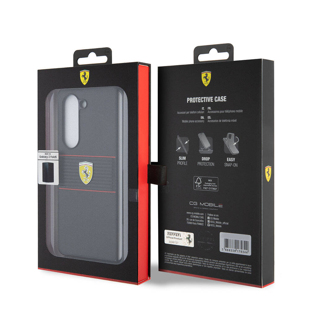 Galaxy Z Fold 5 Kılıf Ferrari Orijinal Lisanslı PU Deri Metal Logolu Multi Çizgili Kılıf