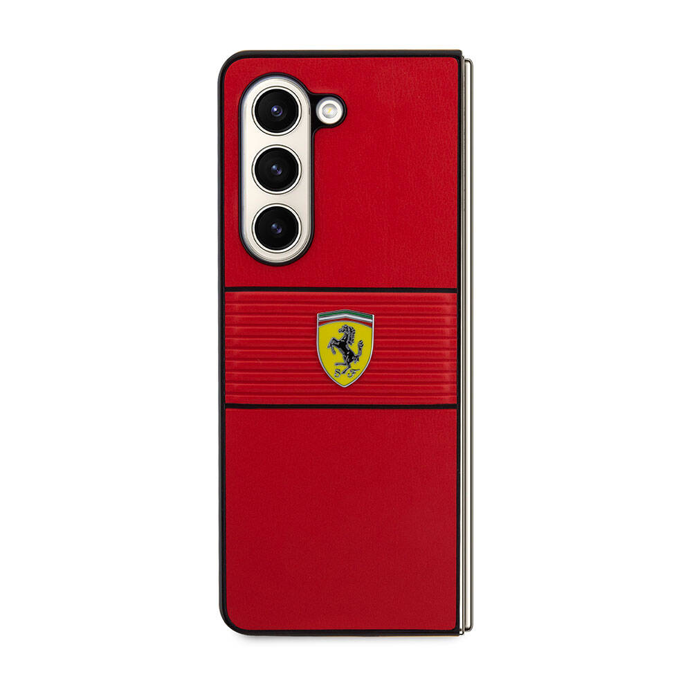 Galaxy Z Fold 5 Kılıf Ferrari Orijinal Lisanslı PU Deri Metal Logolu Multi Çizgili Kılıf