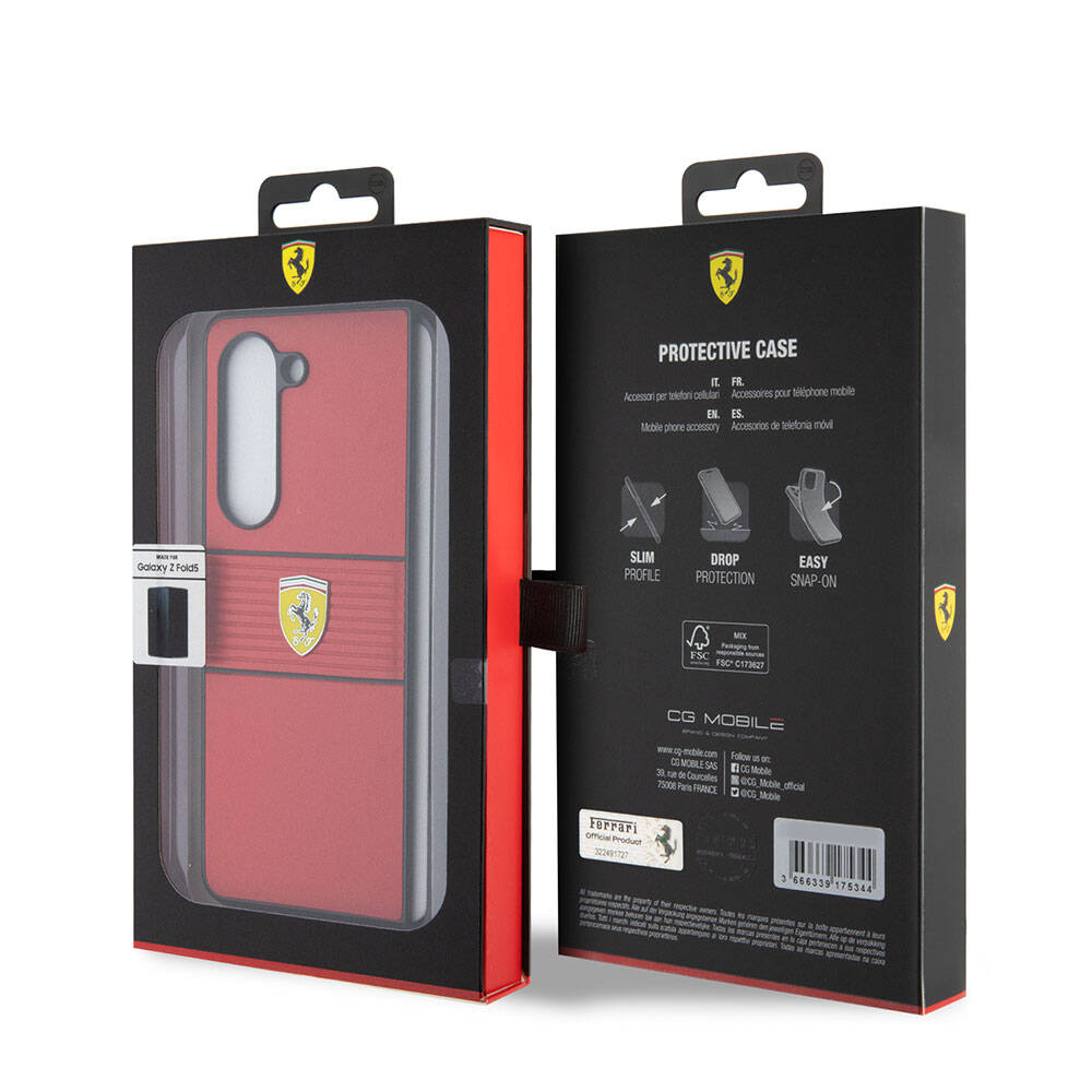 Galaxy Z Fold 5 Kılıf Ferrari Orijinal Lisanslı PU Deri Metal Logolu Multi Çizgili Kılıf