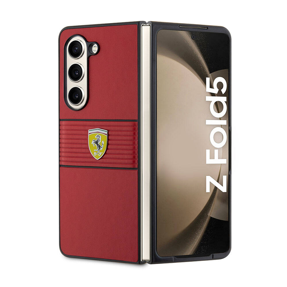 Galaxy Z Fold 5 Kılıf Ferrari orijinal Lisanslı PU Deri Metal Logolu Multi Çizgili Kılıf
