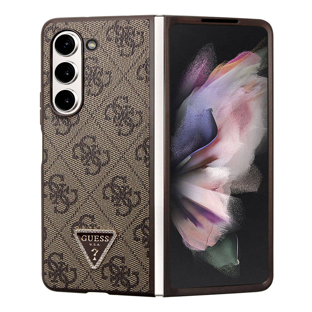Galaxy Z Fold 5 Kılıf Guess Orijinal Lisanslı PU Deri Taşlı Üçgen Logo 4G Desenli Strass Kılıf