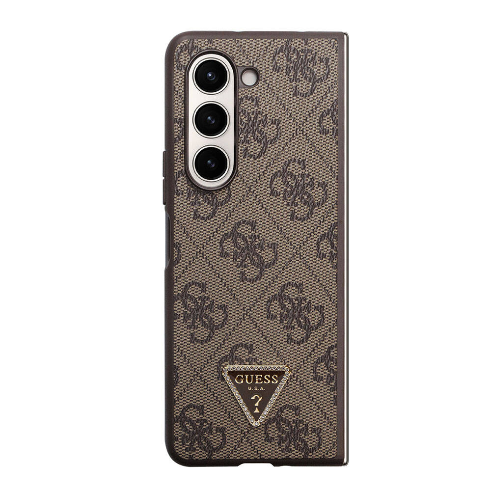 Galaxy Z Fold 5 Kılıf Guess Orijinal Lisanslı PU Deri Taşlı Üçgen Logo 4G Desenli Strass Kılıf