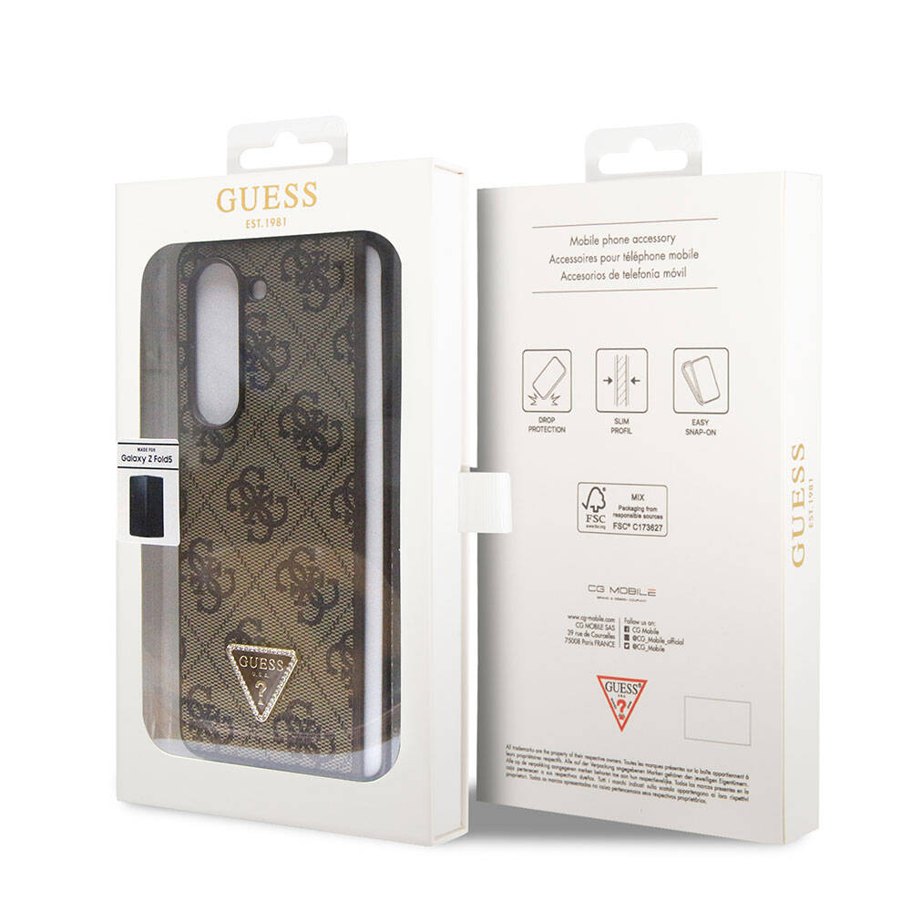 Galaxy Z Fold 5 Kılıf Guess Orijinal Lisanslı PU Deri Taşlı Üçgen Logo 4G Desenli Strass Kılıf