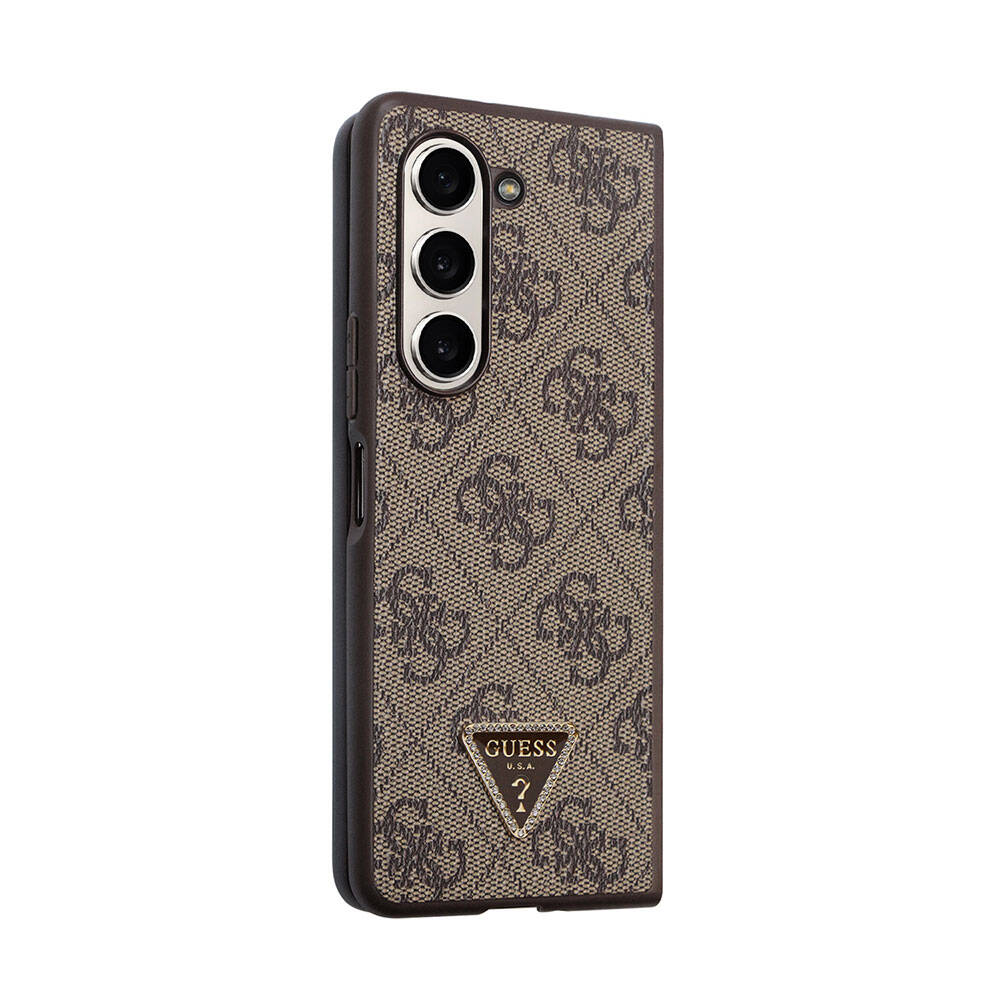 Galaxy Z Fold 5 Kılıf Guess Orijinal Lisanslı PU Deri Taşlı Üçgen Logo 4G Desenli Strass Kılıf