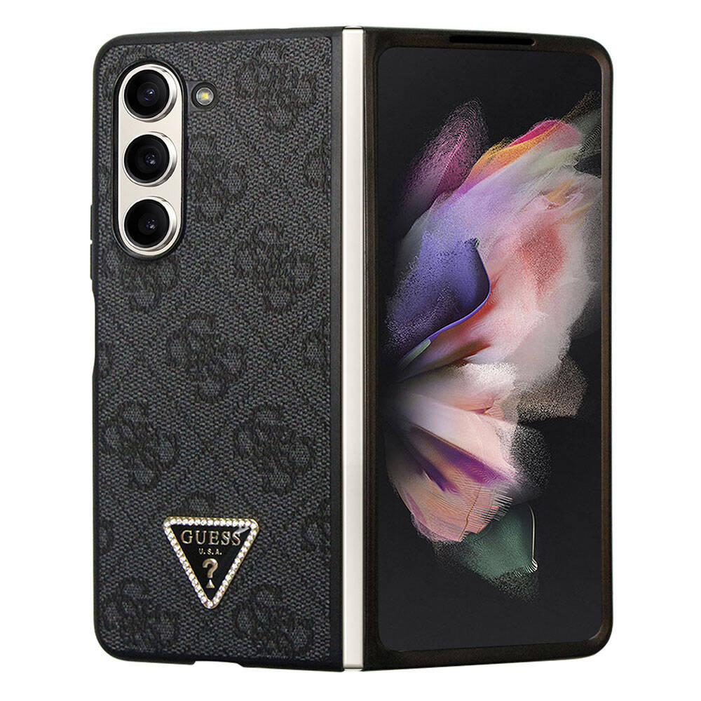 Galaxy Z Fold 5 Kılıf Guess Orijinal Lisanslı PU Deri Taşlı Üçgen Logo 4G Desenli Strass Kılıf