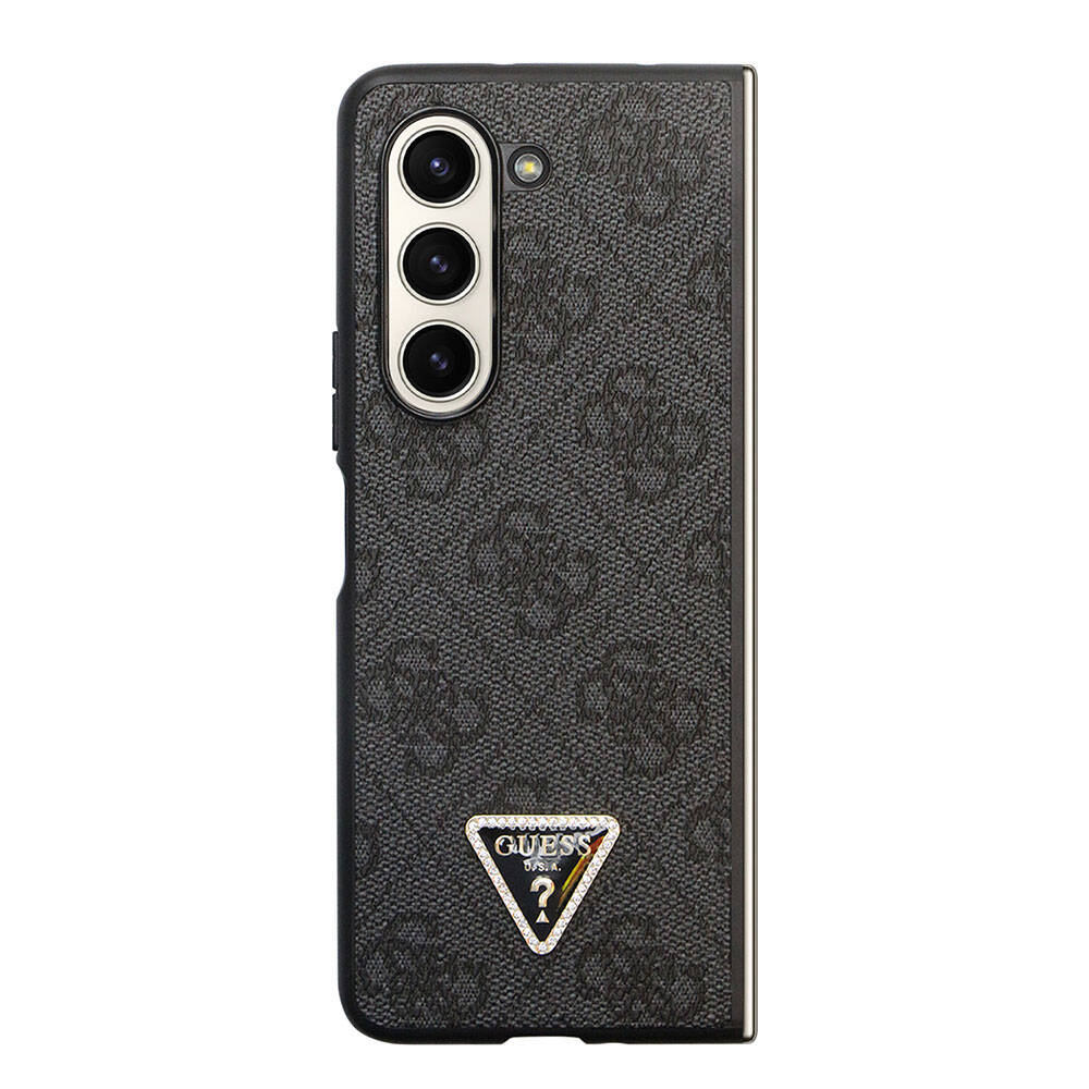 Galaxy Z Fold 5 Kılıf Guess Orijinal Lisanslı PU Deri Taşlı Üçgen Logo 4G Desenli Strass Kılıf