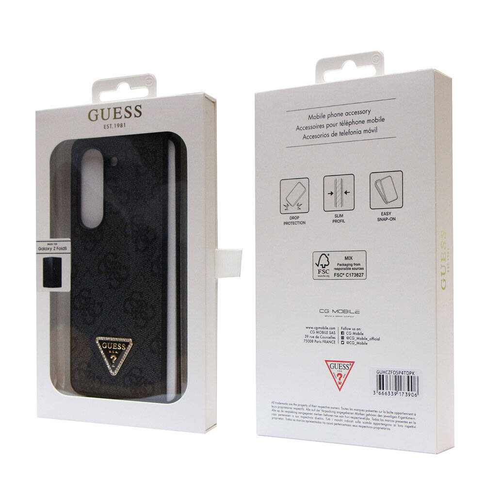 Galaxy Z Fold 5 Kılıf Guess Orijinal Lisanslı PU Deri Taşlı Üçgen Logo 4G Desenli Strass Kılıf
