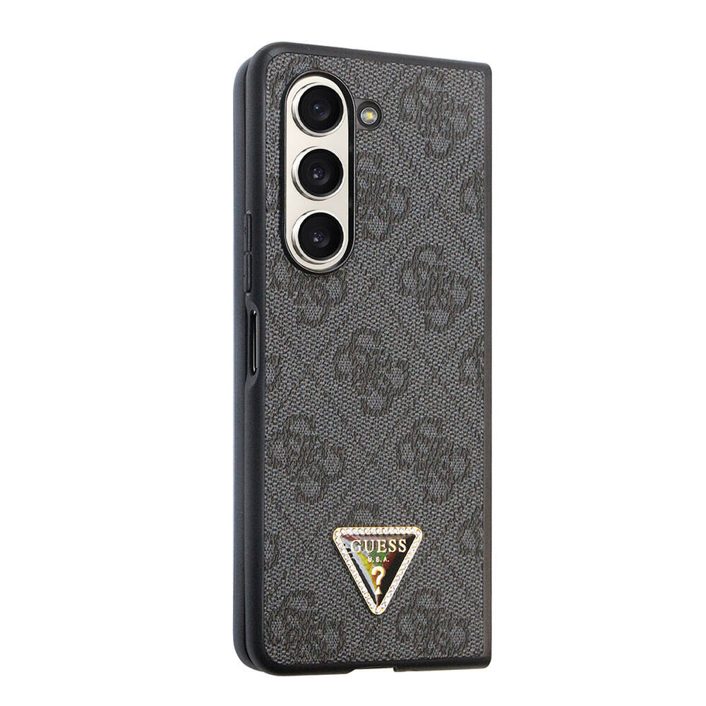 Galaxy Z Fold 5 Kılıf Guess Orijinal Lisanslı PU Deri Taşlı Üçgen Logo 4G Desenli Strass Kılıf