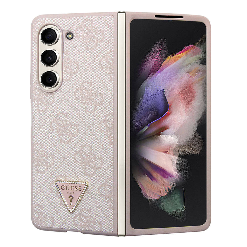 Galaxy Z Fold 5 Kılıf Guess Orijinal Lisanslı PU Deri Taşlı Üçgen Logo 4G Desenli Strass Kılıf