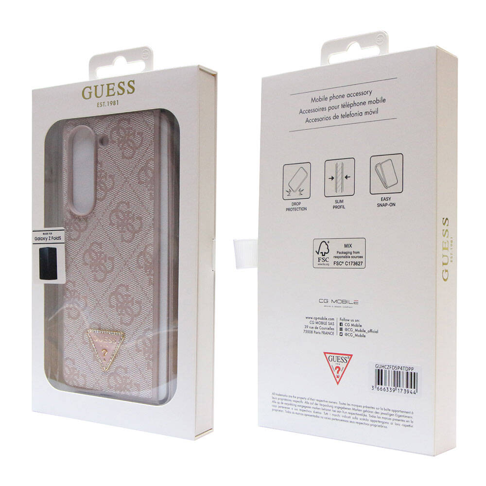 Galaxy Z Fold 5 Kılıf Guess Orijinal Lisanslı PU Deri Taşlı Üçgen Logo 4G Desenli Strass Kılıf